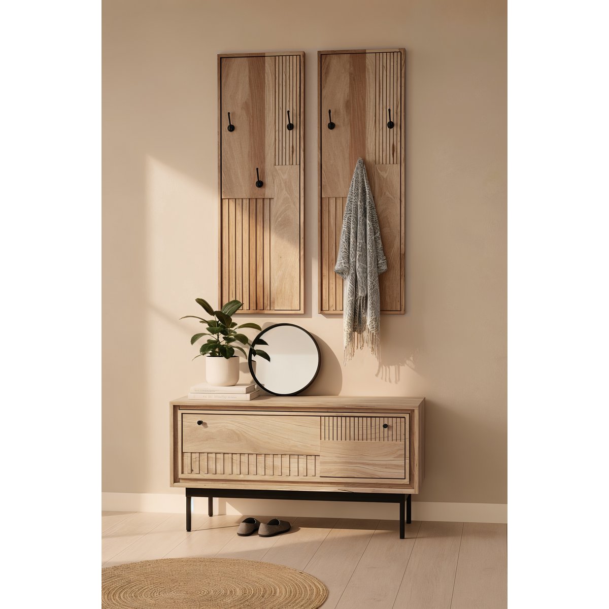 Schuhschrank aus Mangoholz mit Lamellenfront, 40 × 85 × 45 cm | VIA X SELECTION