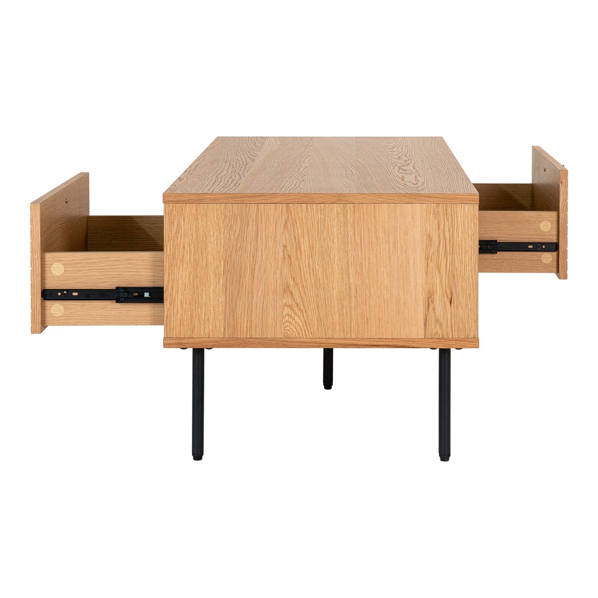 Couchtisch aus Eichenfurnier mit schwarzem Stahlgestell und zwei Schubladen, 100 × 50 × 45 cm | VIA X SELECTION
