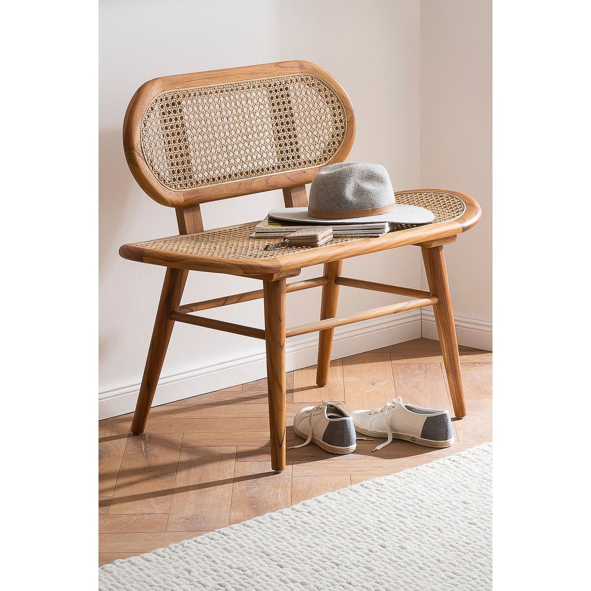 Sitzbank aus Rattan natur 95 cm mit Teakgestell | VIA X SELECTION