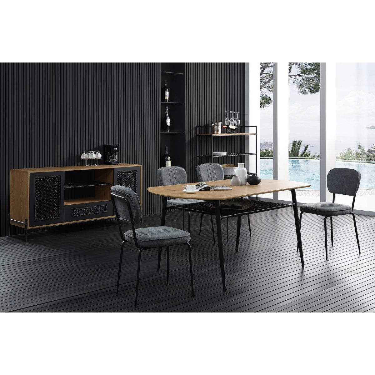 Sideboard natur/schwarz mit Polyrattanfront, 43 × 164 × 76 cm | VIA X SELECTION