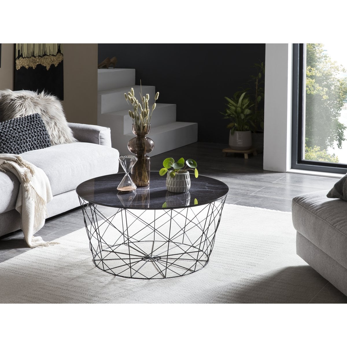Runder Couchtisch mit Glasplatte in Marmoroptik und Korbgestell, Ø, 80 × 45 cm | VIA X SELECTION