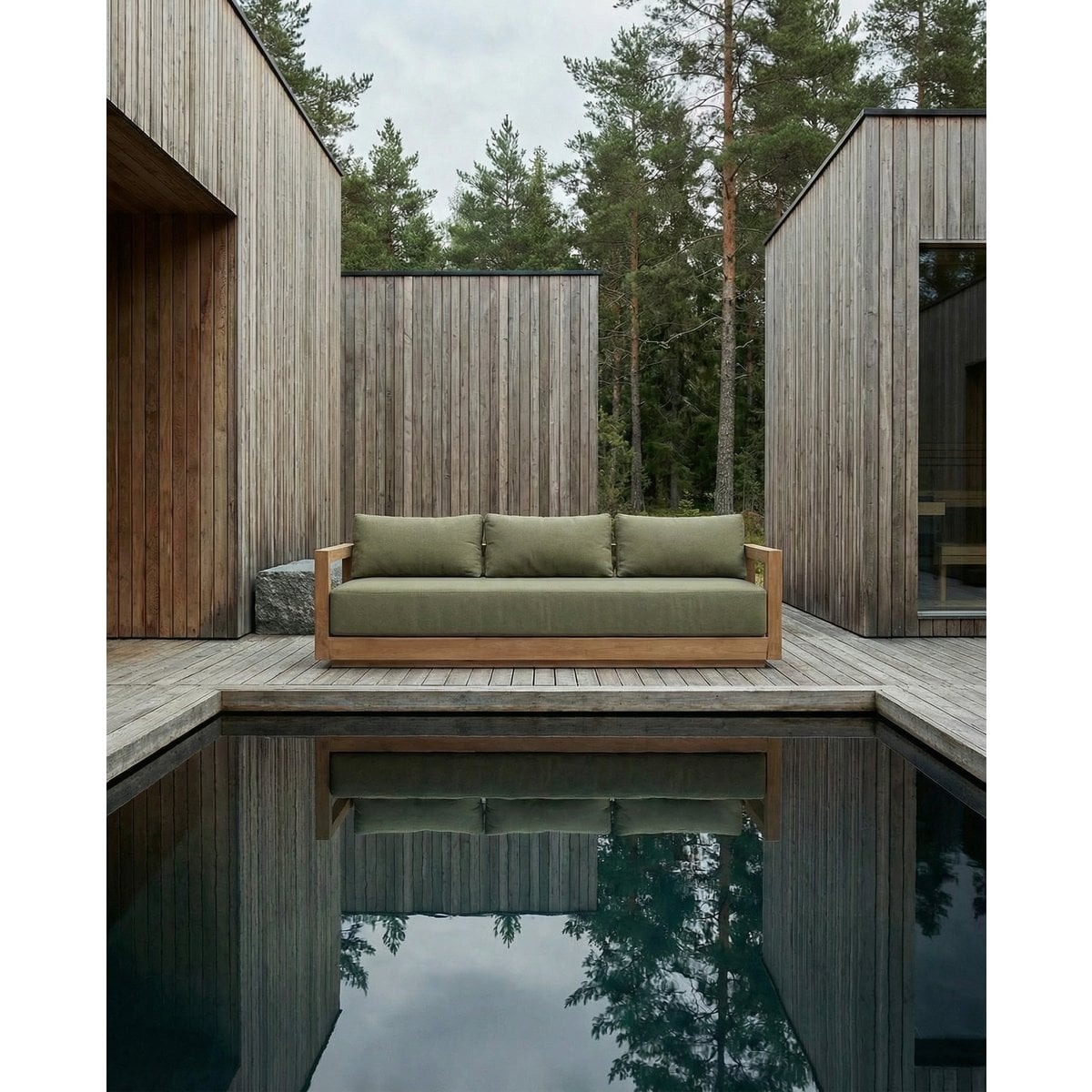 Outdoor-3-Sitzer aus recyceltem Teakholz mit Quick-Dry-Polstern in Algengrün | VIA X SELECTION