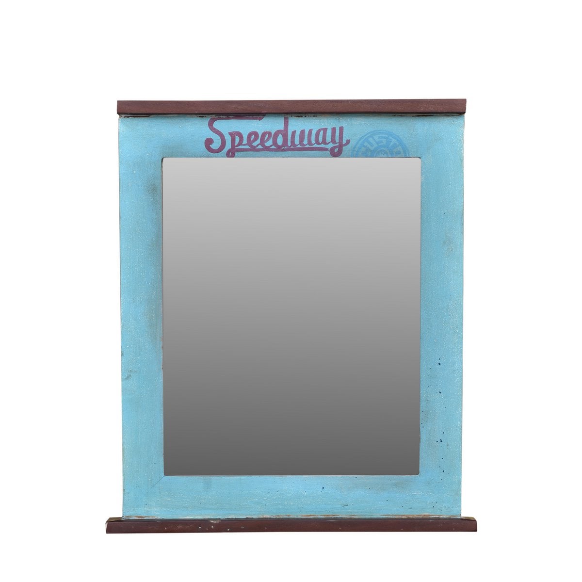 Wandspiegel aus Altholz mit Schriftzugdetails, 68 × 79 cm | VIA X SELECTION