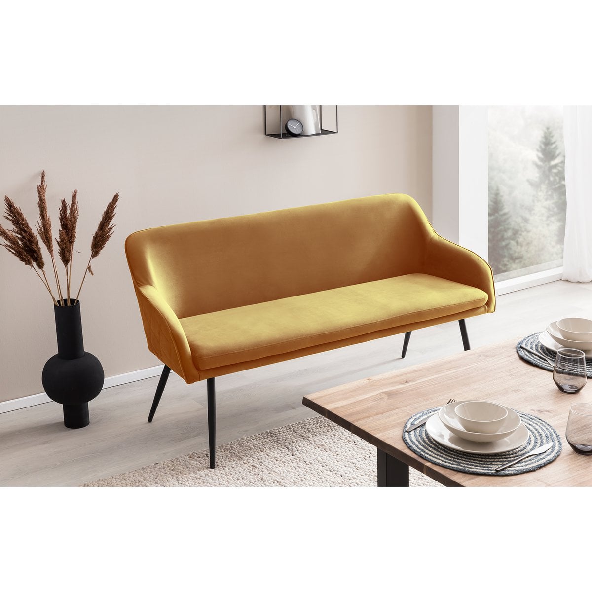 Sitzbank aus Samt senfgelb 160 cm mit Rautensteppung | VIA X SELECTION