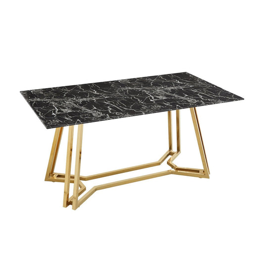 Esstisch mit Glasplatte in Marmoroptik und goldfarbenem Metallgestell, 160 × 90 cm | VIA X SELECTION