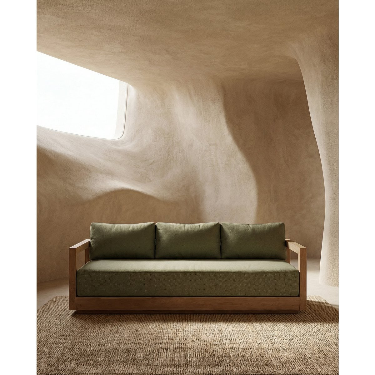 Outdoor-3-Sitzer aus recyceltem Teakholz mit Quick-Dry-Polstern in Algengrün | VIA X SELECTION