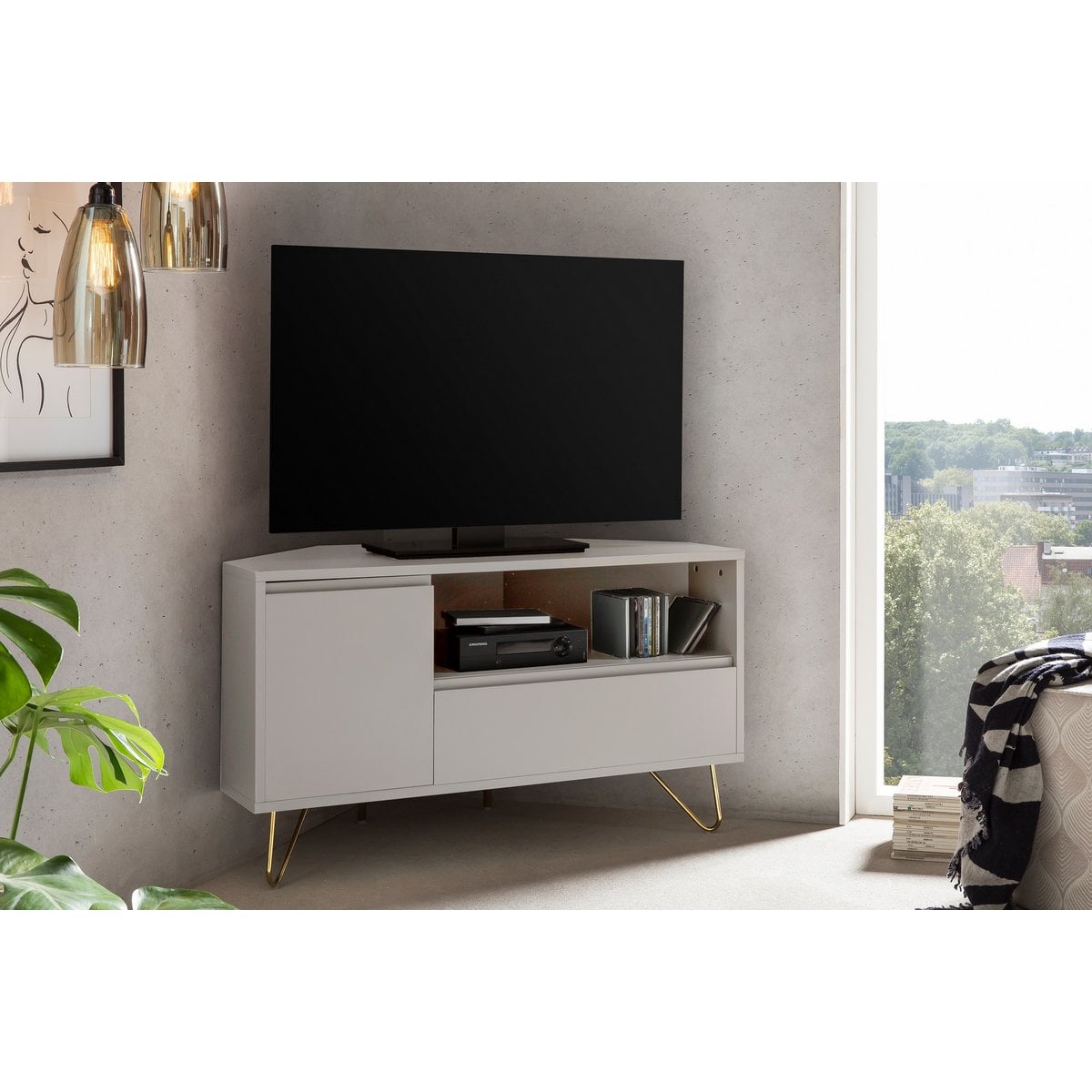 TV-Ecklowboard in Weiß mit goldfarbenen Metallbeinen, 100 × 50 × 58 cm | VIA X SELECTION