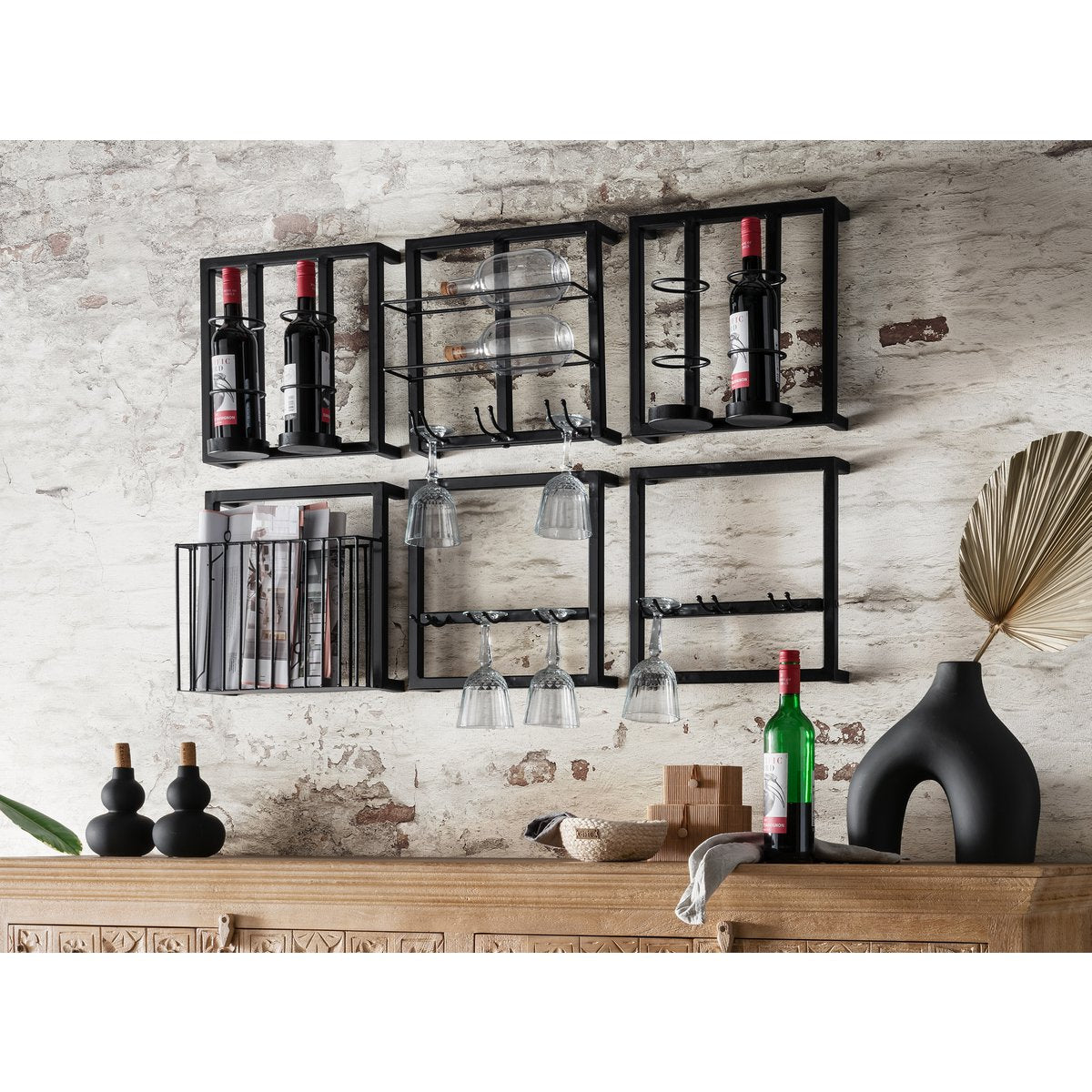 Wand-Weinregal aus schwarzem Metall für 2 Flaschen, 15 × 35 × 35 cm | VIA X SELECTION