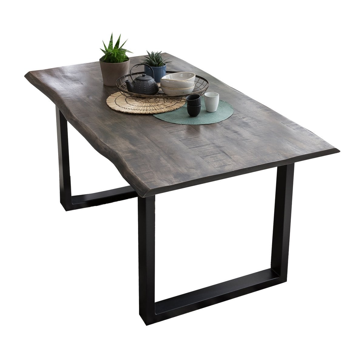 Esstisch Mangoholz grau Baumkante schwarzes Kufengestell, 160 × 85 cm | VIA X SELECTION