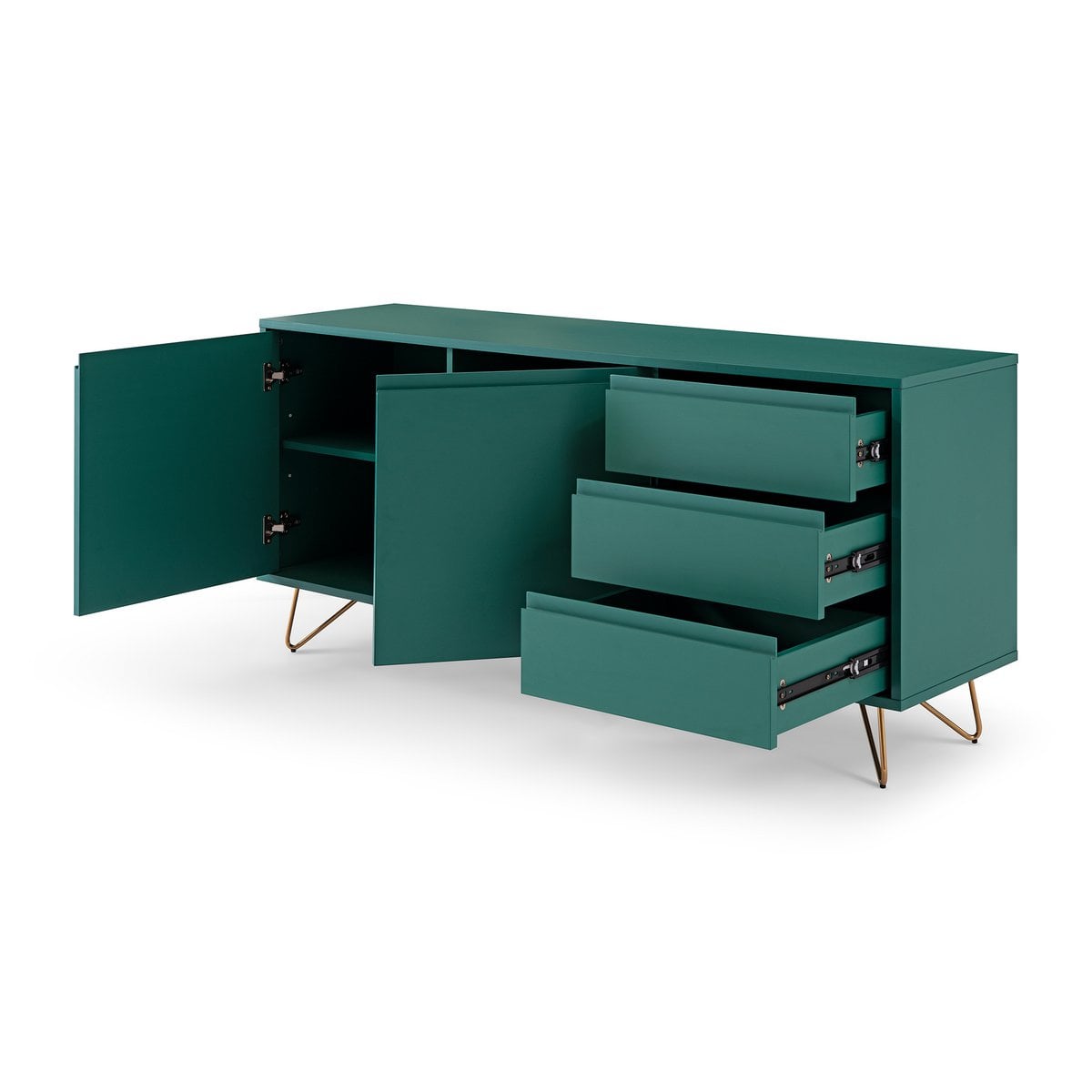 Sideboard grün mit 2 Türen und 3 Schubladen, 40 × 150 × 70 cm | VIA X SELECTION