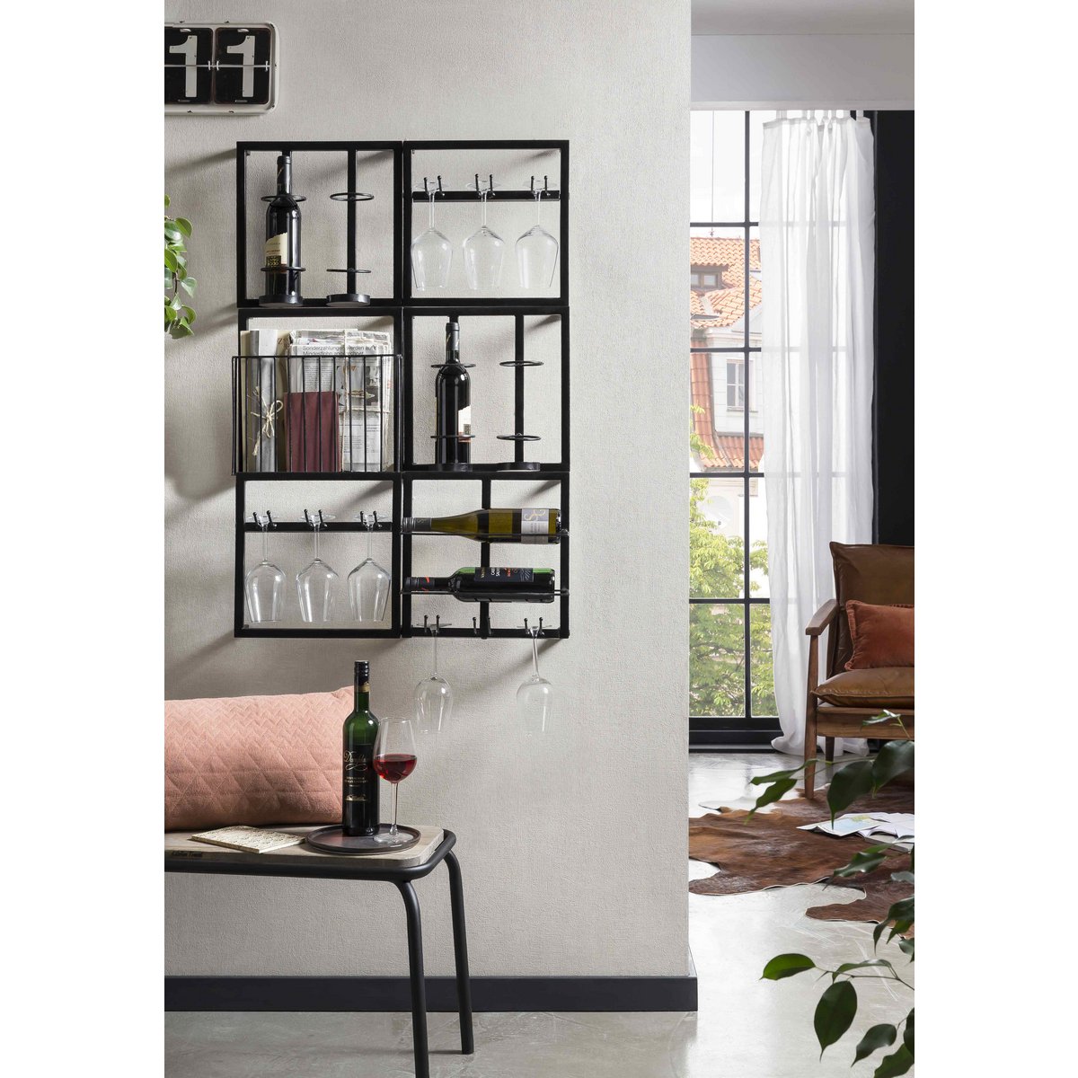 Wand-Weinregal aus schwarzem Metall für 2 Flaschen, 15 × 35 × 35 cm | VIA X SELECTION