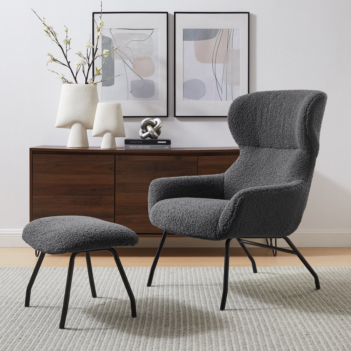 Sessel mit Hocker in Teddyfell-Optik anthrazit | VIA X SELECTION