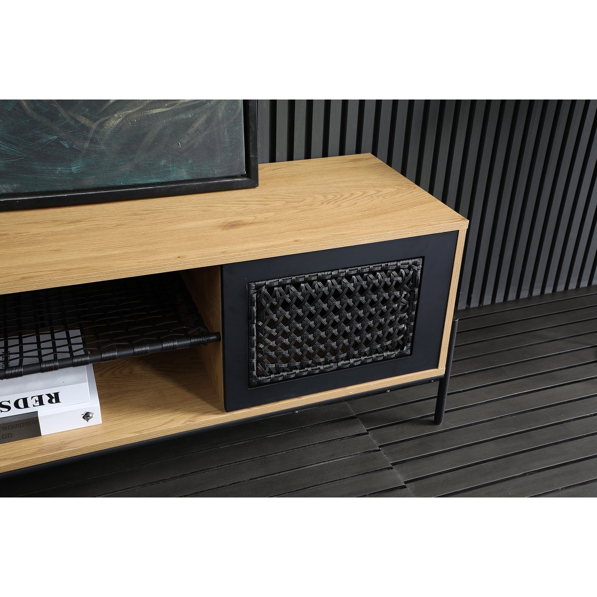 Lowboard natur/schwarz mit Polyrattanfront, 40 × 161 × 47 cm | VIA X SELECTION