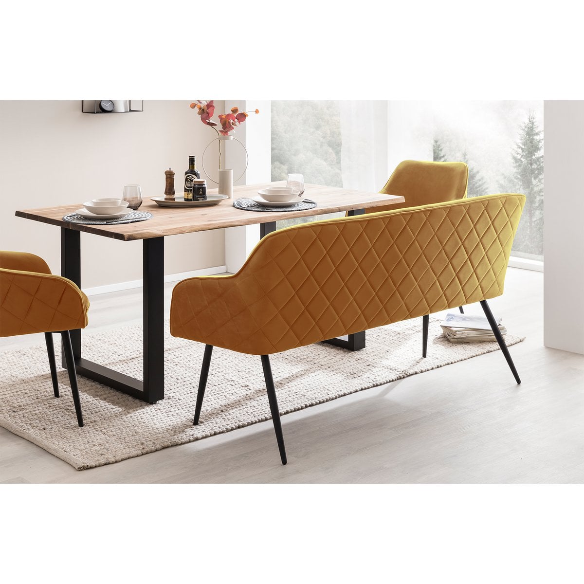 Sitzbank aus Samt senfgelb 160 cm mit Rautensteppung | VIA X SELECTION