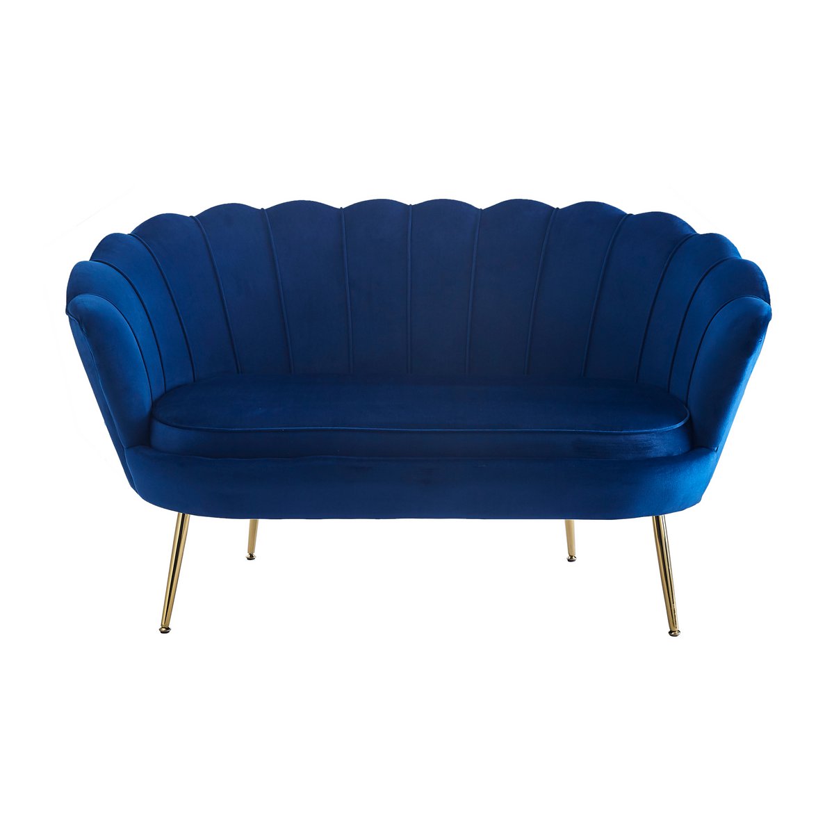Muschelsofa in dunkelblauer Samtoptik mit goldfarbenem Metallgestell | VIA X SELECTION