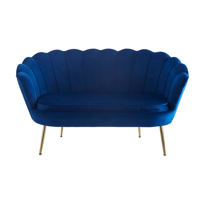 Muschelsofa in dunkelblauer Samtoptik mit goldfarbenem Metallgestell | VIA X SELECTION