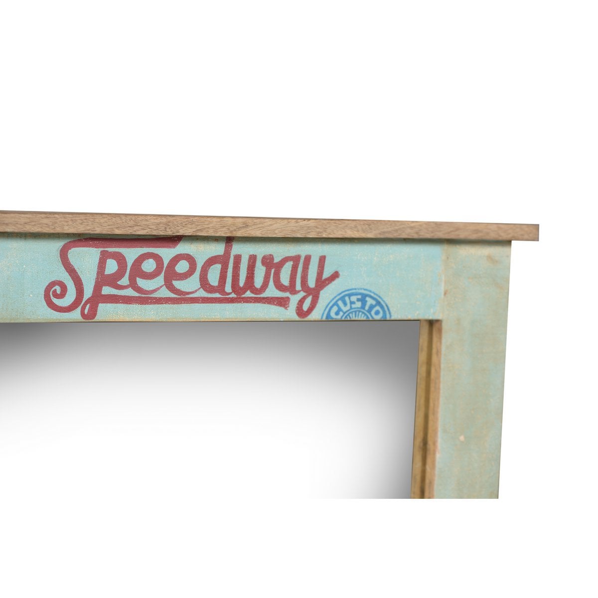 Wandspiegel aus Altholz mit Schriftzugdetails, 68 × 79 cm | VIA X SELECTION