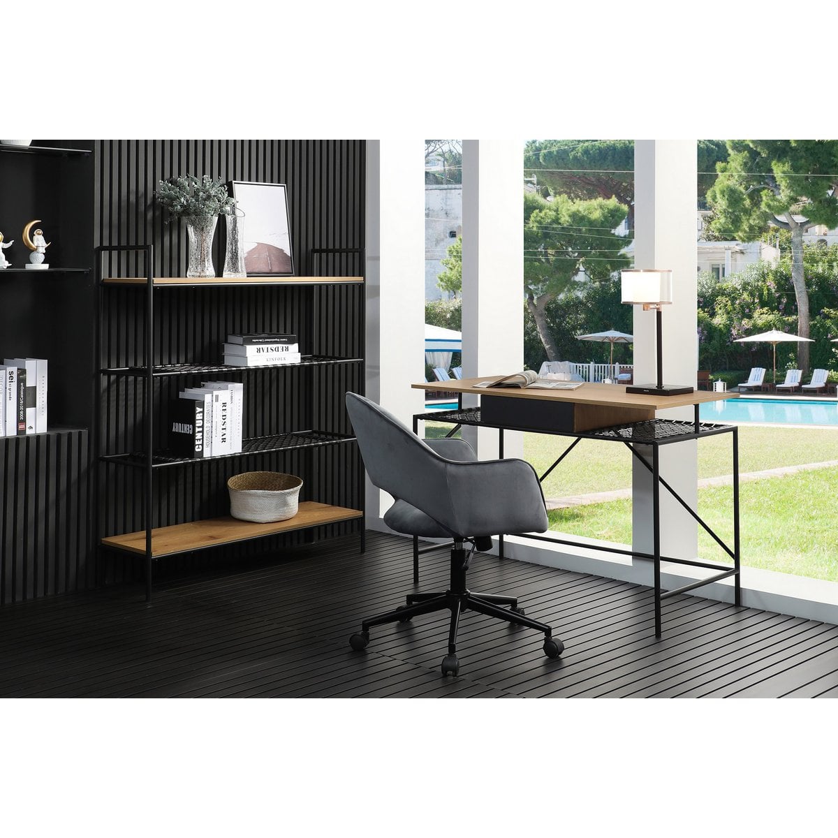 Bücherregal mit Polyrattan und naturfarbenen Ablagen, 34 × 110 × 129 cm | VIA X SELECTION