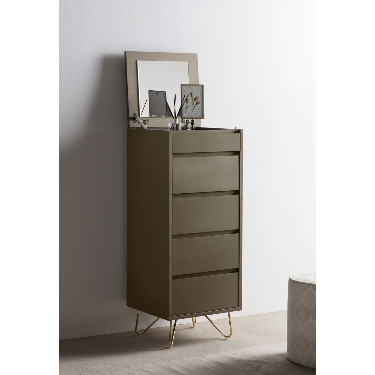 Hochkommode grau mit Spiegelklappe, 40 × 45 × 110 cm | VIA X SELECTION