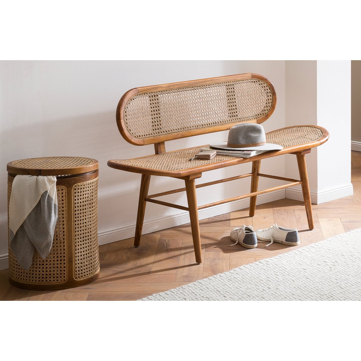 Sitzbank aus Rattan natur 141 cm mit Teakgestell | VIA X SELECTION