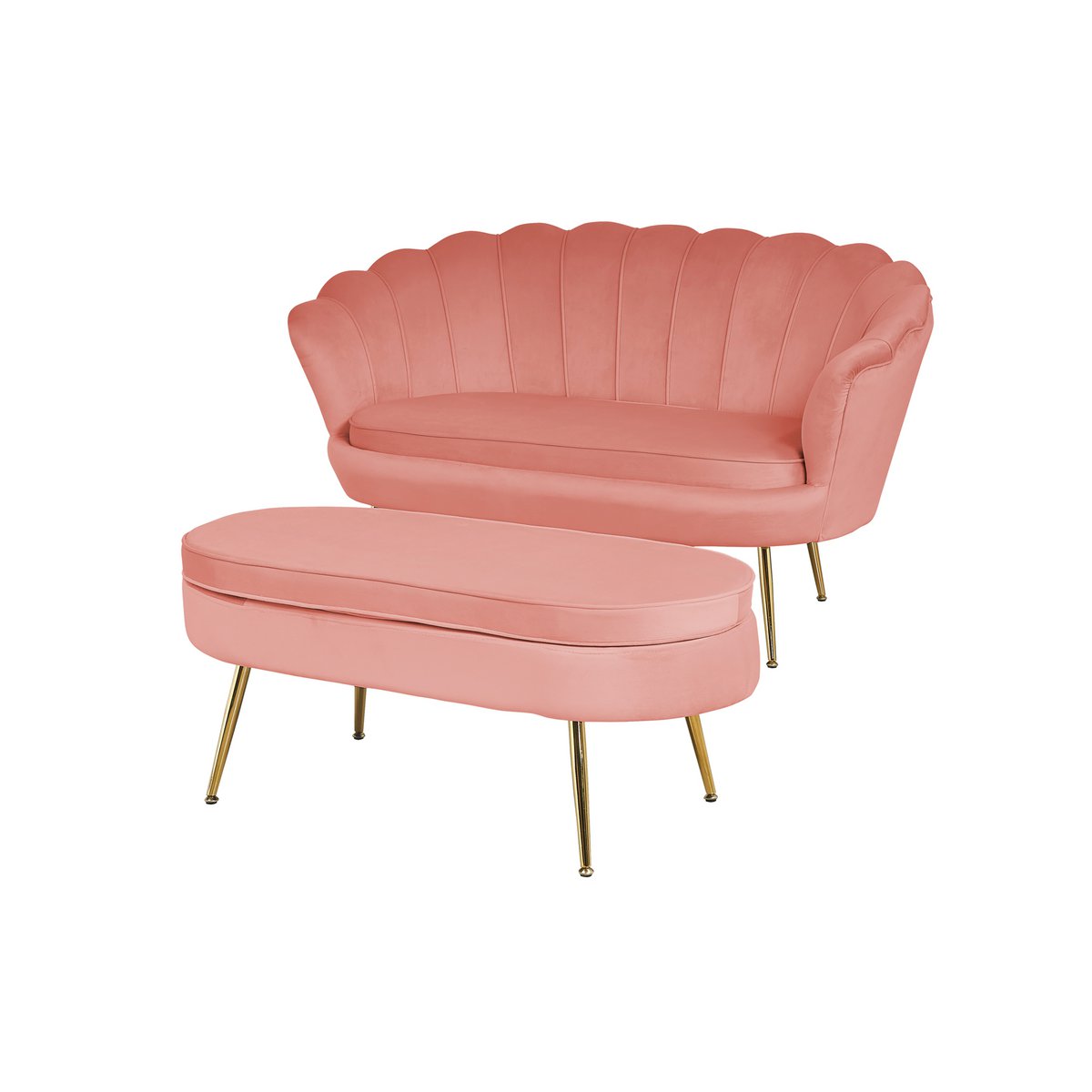 Muschelsofa aus roséfarbenem Samt mit goldfarbenem Metallgestell | VIA X SELECTION