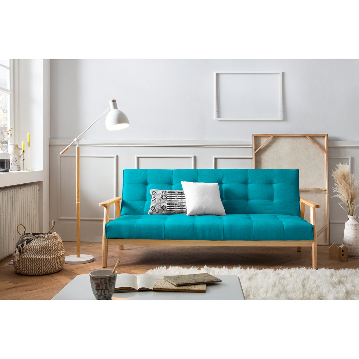 Schlafsofa in petrolfarbenem Strukturstoff mit Holzgestell | VIA X SELECTION