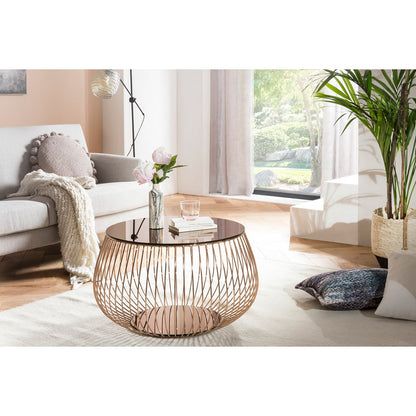 Runder Couchtisch mit roségoldener Spiegelplatte und Korbgestell, Ø, 72 × 42 cm | VIA X SELECTION