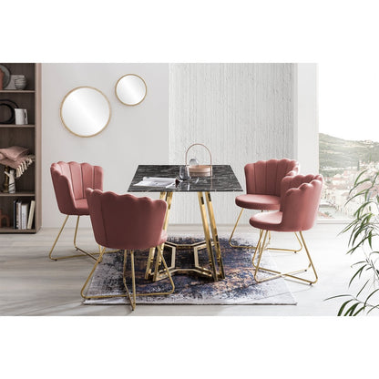 Esstisch mit Glasplatte in Marmoroptik und goldfarbenem Metallgestell, 160 × 90 cm | VIA X SELECTION