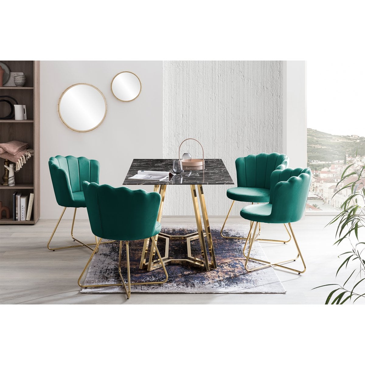 Esstisch mit Glasplatte in Marmoroptik und goldfarbenem Metallgestell, 160 × 90 cm | VIA X SELECTION