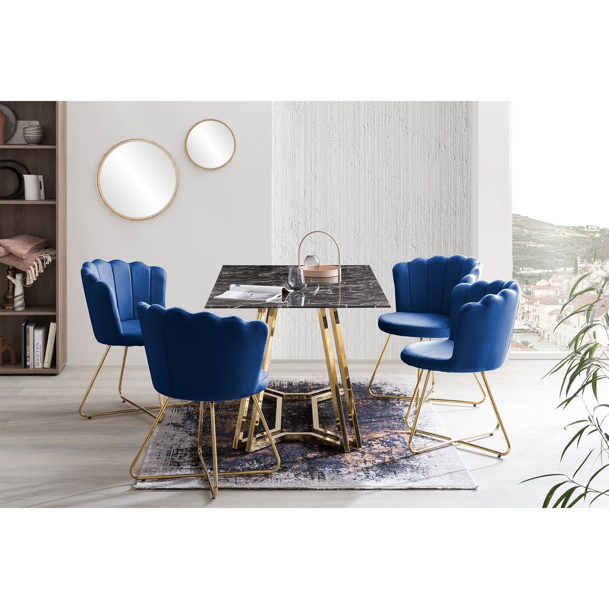 Esstisch mit Glasplatte in Marmoroptik und goldfarbenem Metallgestell, 160 × 90 cm | VIA X SELECTION