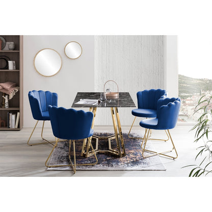 Esstisch mit Glasplatte in Marmoroptik und goldfarbenem Metallgestell, 160 × 90 cm | VIA X SELECTION