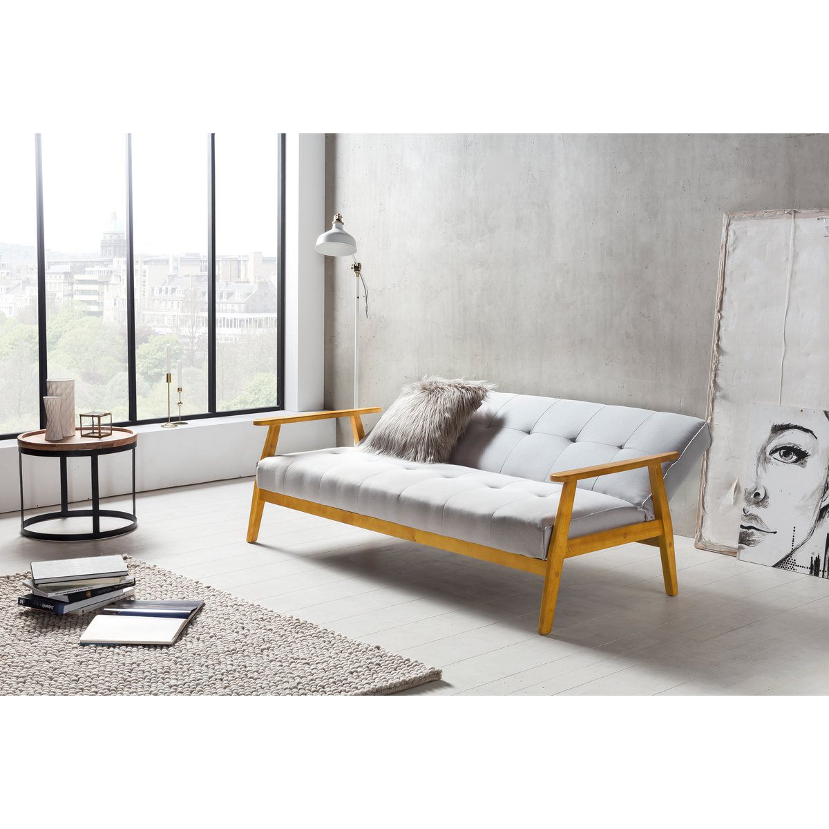 Schlafsofa in hellgrauem Webstoff mit Eichenholzgestell | VIA X SELECTION