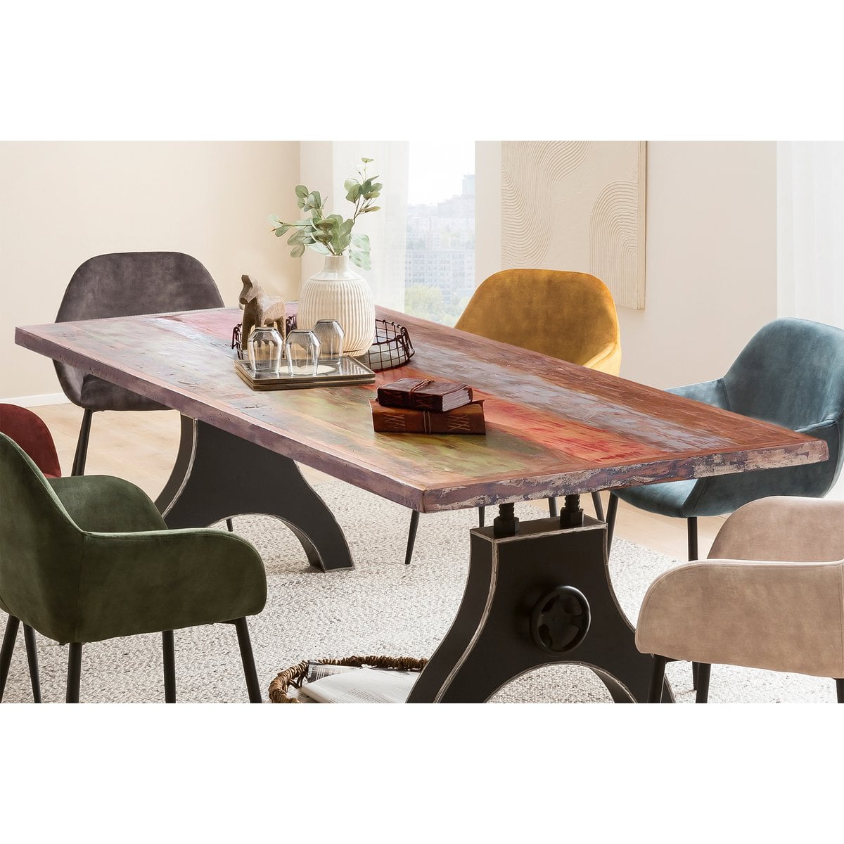 Esstisch Altholz bunt A-Gestell mit Kurbelrad, 160 × 85 cm | VIA X SELECTION