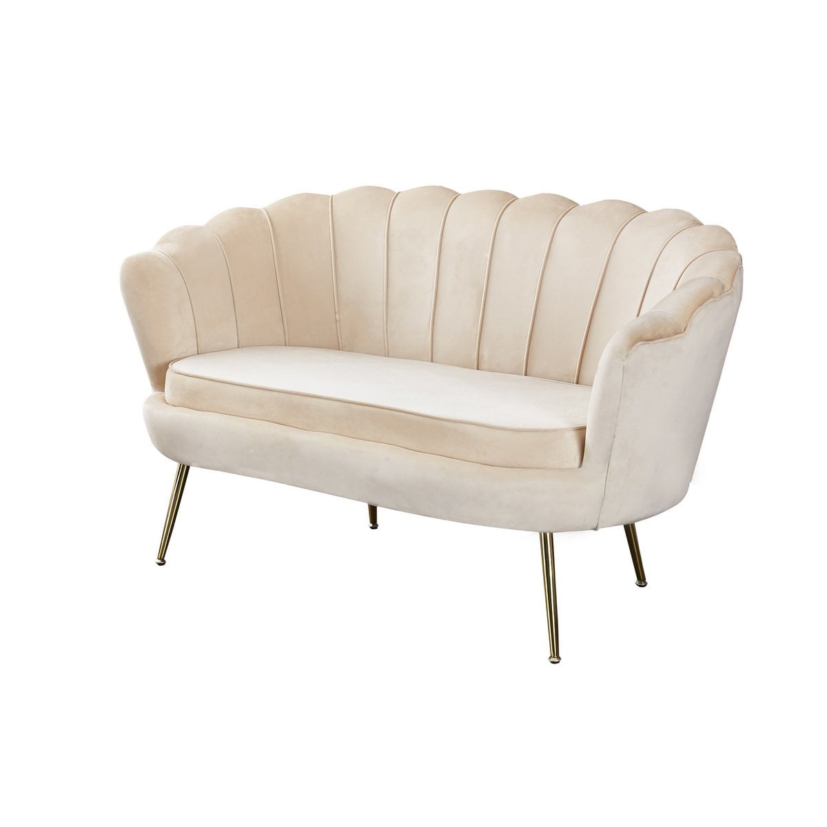 Muschelsofa in beigefarbener Samtoptik mit goldfarbenem Metallgestell | VIA X SELECTION