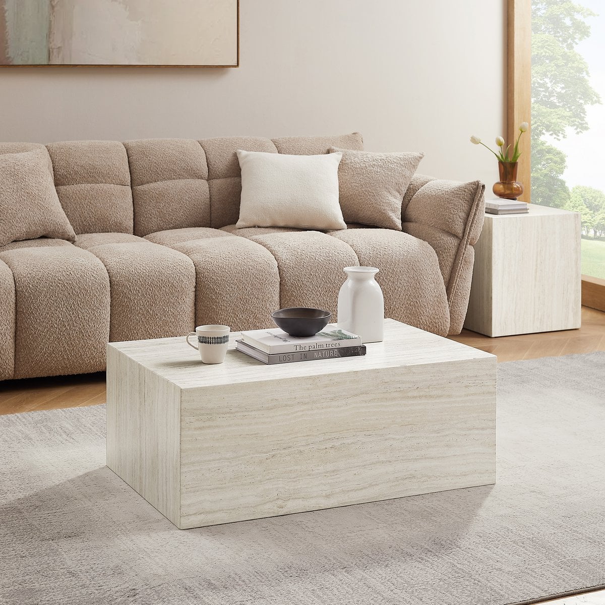 Couchtisch in Travertinoptik, 90 × 60 × 35 cm | VIA X SELECTION