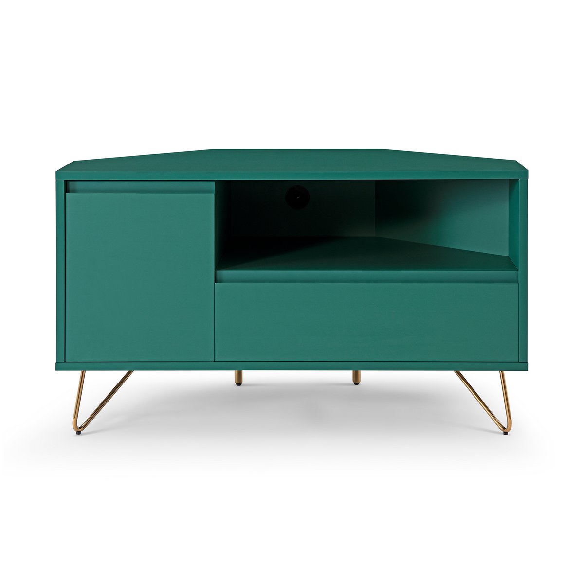 TV-Ecklowboard in Grün mit goldfarbenen Metallbeinen, 100 × 50 × 58 cm | VIA X SELECTION