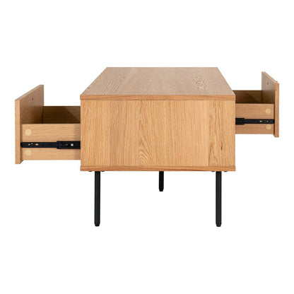 Couchtisch aus Eichenfurnier mit schwarzem Stahlgestell und zwei Schubladen, 100 × 50 × 45 cm | VIA X SELECTION