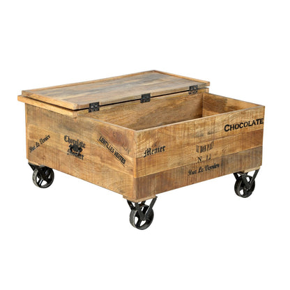 Couchtisch-Truhe aus Mangoholz und Metall auf Rollen, 90 × 90 × 47 cm | VIA X SELECTION