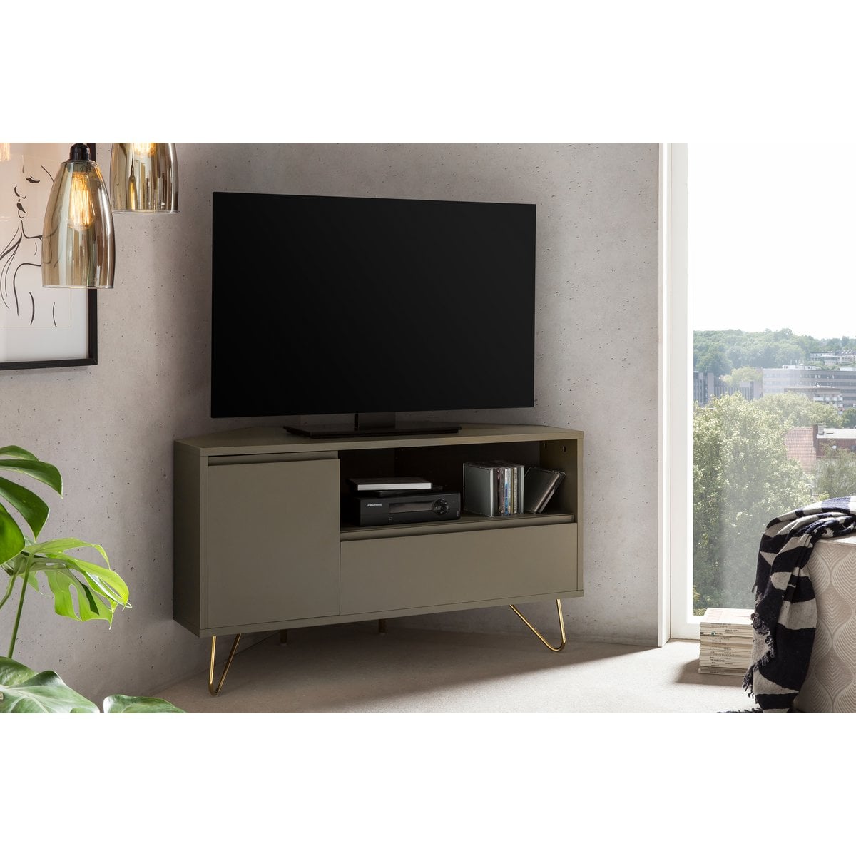 TV-Ecklowboard in Grau mit goldfarbenen Metallbeinen, 100 × 50 × 58 cm | VIA X SELECTION