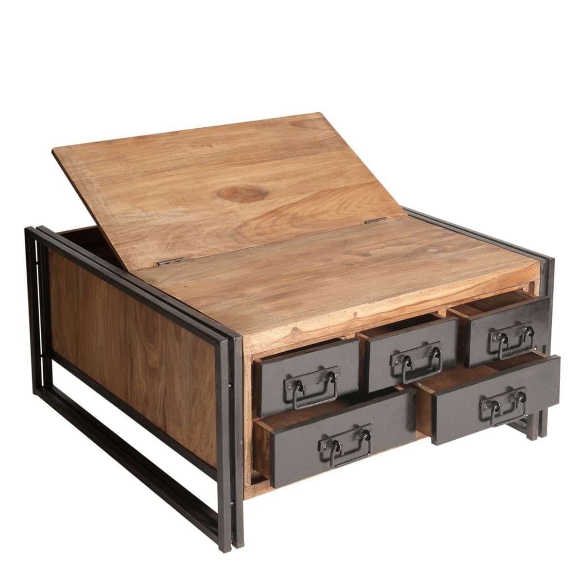 Couchtisch-Truhe aus Holz und Metall mit fünf Schubladen, 90 × 90 × 47 cm | VIA X SELECTION