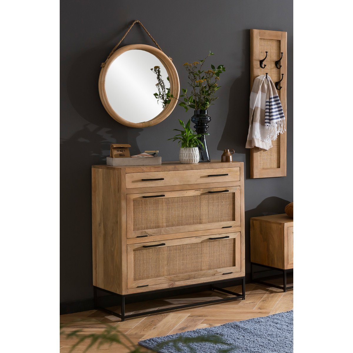 Schuhschrank mit Rattanfront und Schublade 40 × 84,5 × 91 cm | VIA X SELECTION
