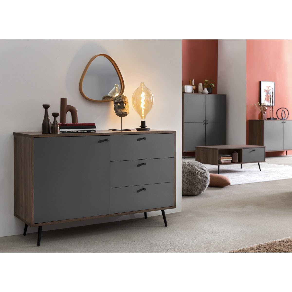 Sideboard walnussgrau mit 3 Schubladen, 40 × 118 × 76 cm | VIA X SELECTION