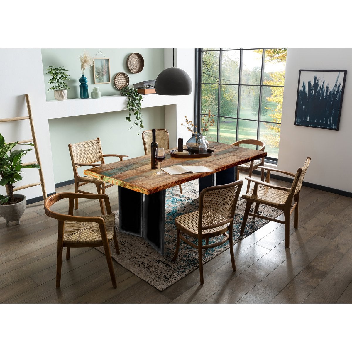 Esstisch buntes Holz Used-Look Gestell, 180 × 100 cm | VIA X SELECTION