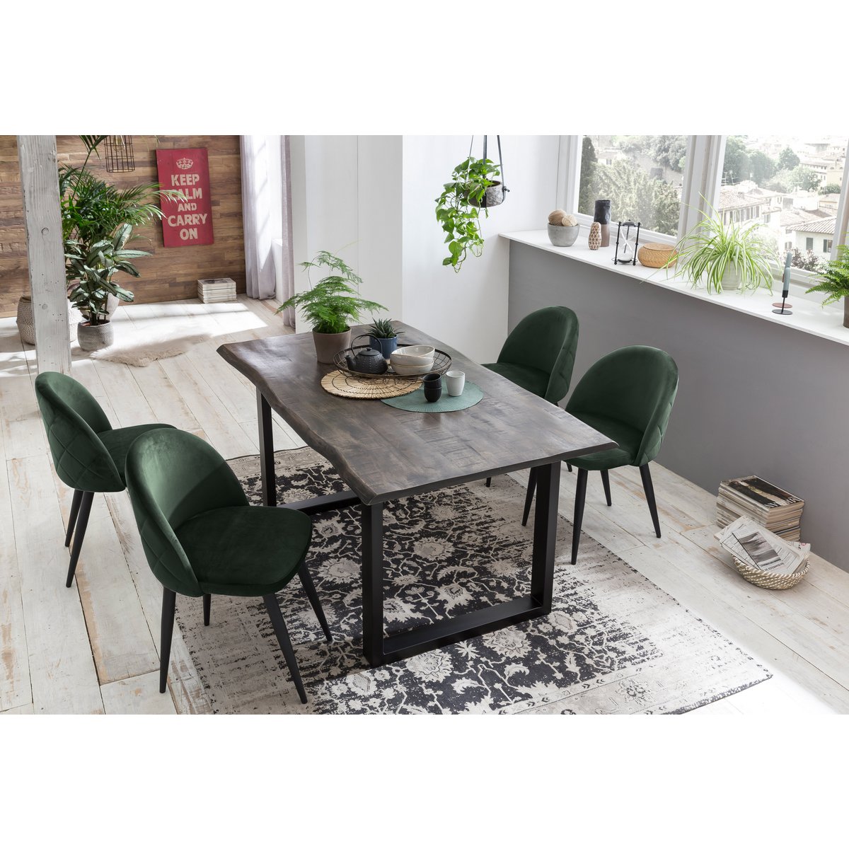 Esstisch Mangoholz grau Baumkante schwarzes Kufengestell, 160 × 85 cm | VIA X SELECTION