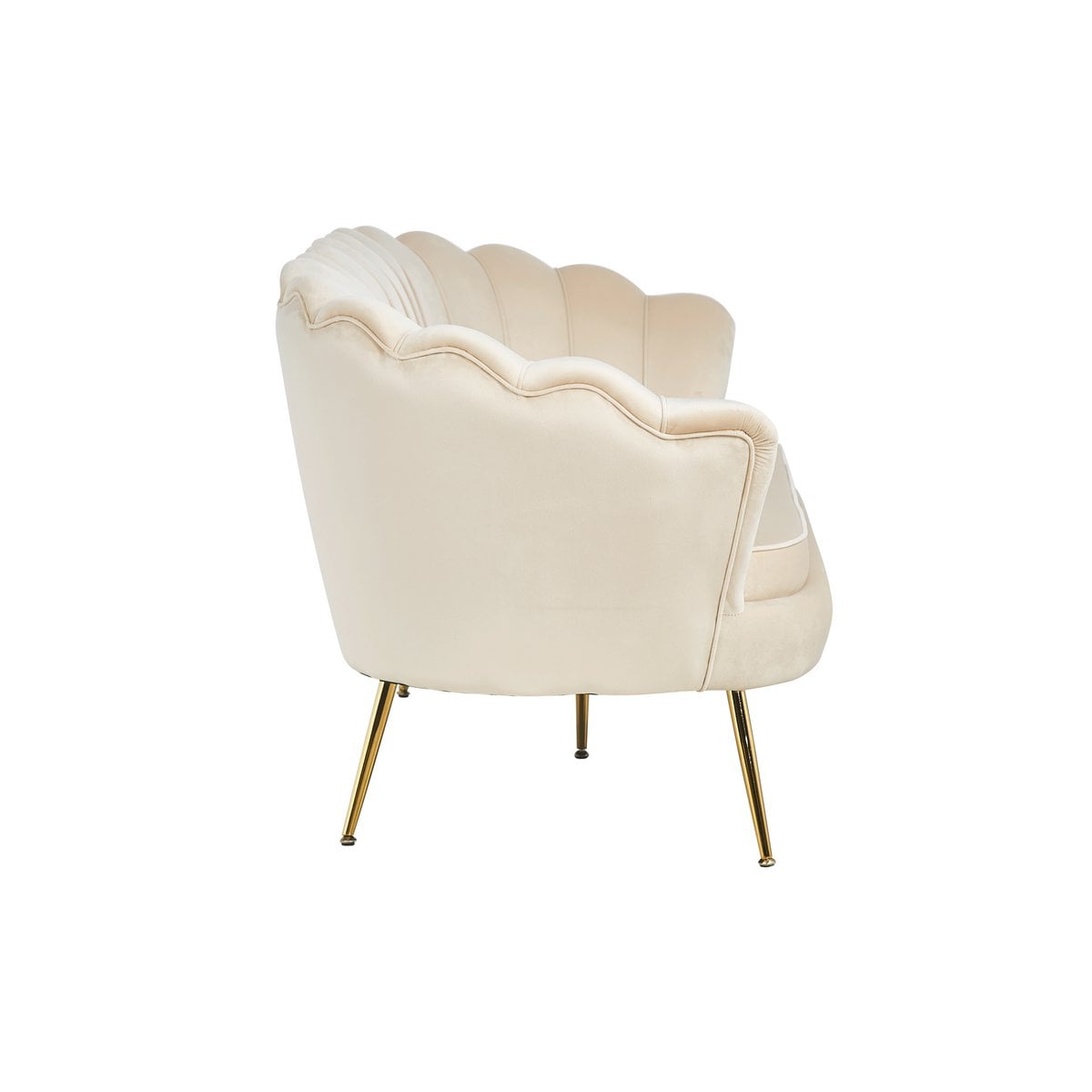 3-Sitzer-Muschelsofa in beigefarbener Samtoptik mit goldfarbenem Metallgestell | VIA X SELECTION