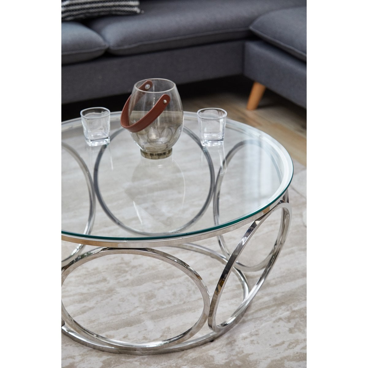Runder Couchtisch aus Glas und Edelstahl mit Ringgestell, Ø, 80 × 40 cm | VIA X SELECTION
