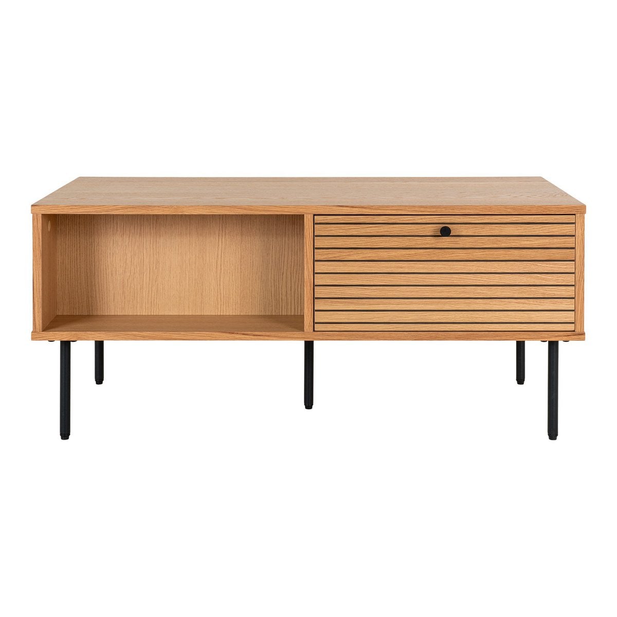 Couchtisch aus Eichenfurnier mit schwarzem Stahlgestell und zwei Schubladen, 100 × 50 × 45 cm | VIA X SELECTION