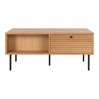 Couchtisch aus Eichenfurnier mit schwarzem Stahlgestell und zwei Schubladen, 100 × 50 × 45 cm | VIA X SELECTION