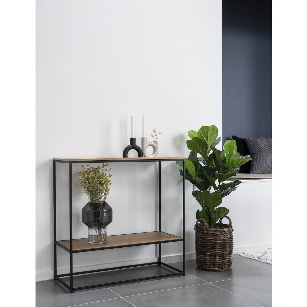 Konsolentisch Eichenoptik schwarz mit 2 Ablagen, 80 × 36 × 80 cm | VIA X SELECTION