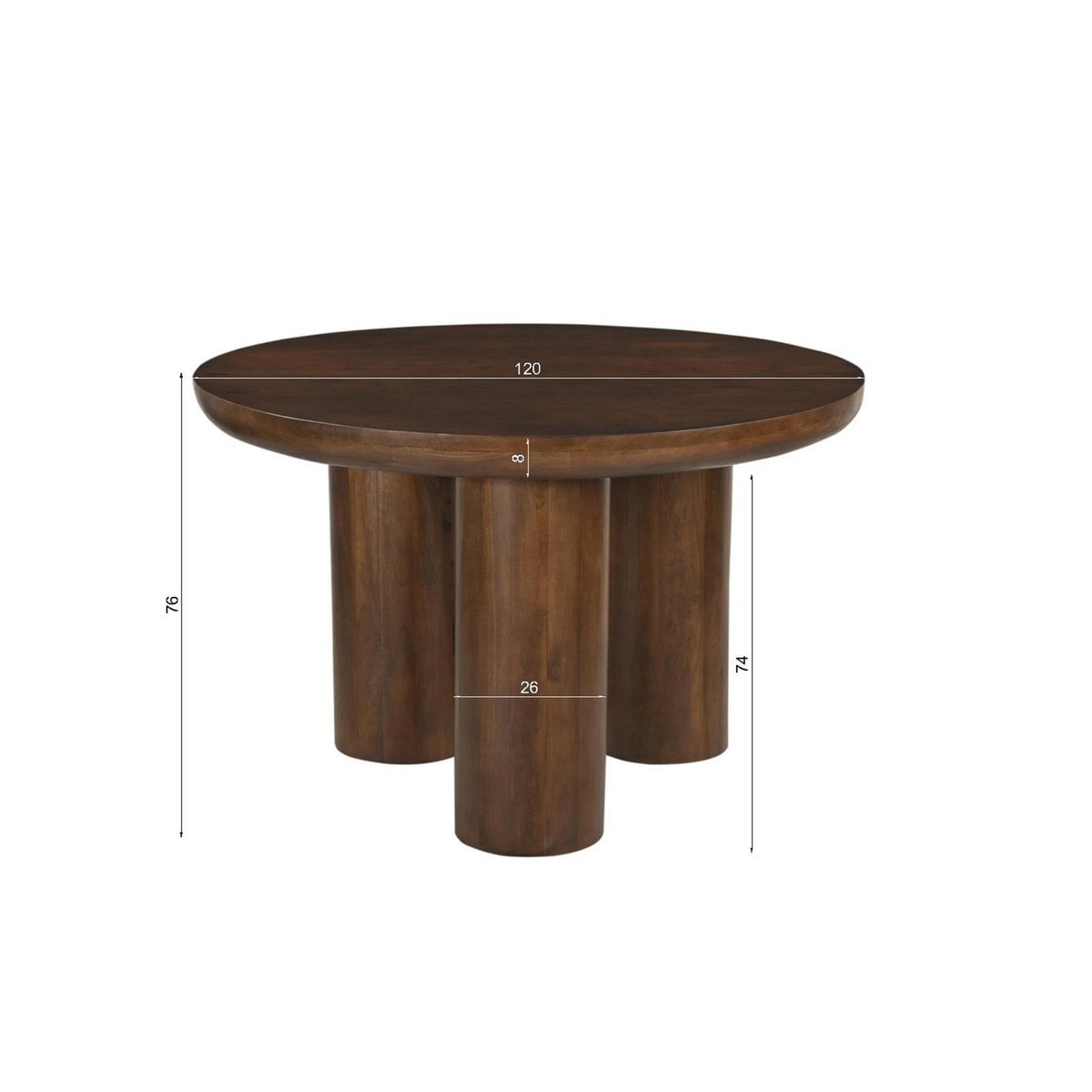 Runder Esstisch Mangoholz drei Zylinderfüße 120 cm | VIA X SELECTION